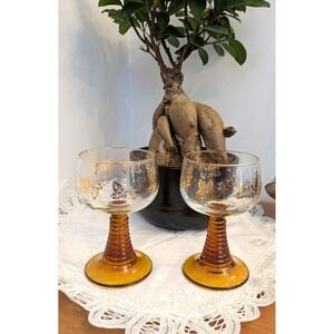 Vintage Luminarc France Amber Wine Glasses – Beehive Stem Grape Pattern – Set  2